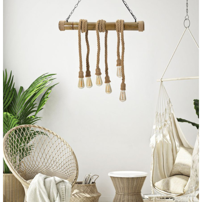 Suspension bohème 6 lampes 80 cm Bambou Corde Naturel Bamboo 