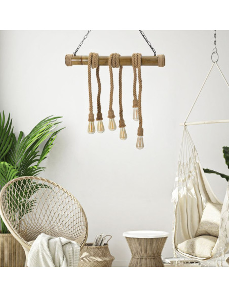 Suspension bohème 6 lampes 80 cm Bambou Corde Naturel Bamboo 