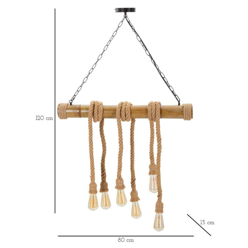 Suspension bohème 6 lampes 80 cm Bambou Corde Naturel Bamboo 