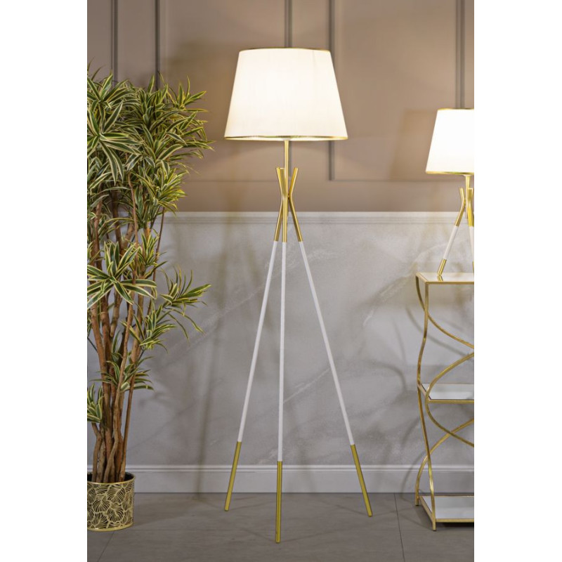 Grand Lampadaire moderne trépied Hauteur 154 cm Métal Tissu Blanc Doré Triply 