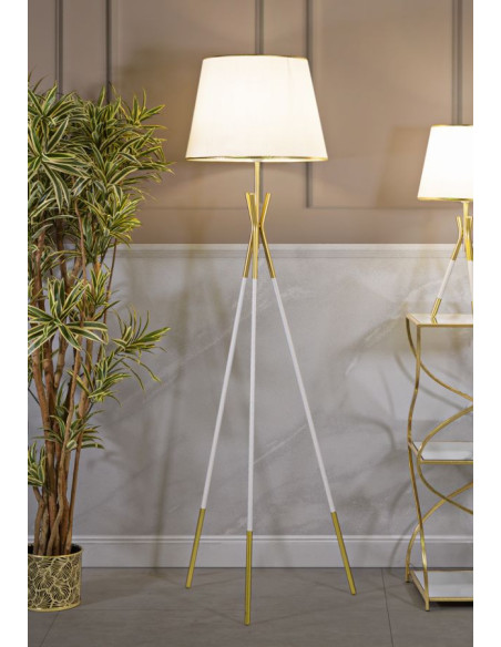 Grand Lampadaire moderne trépied Hauteur 154 cm Métal Tissu Blanc Doré Triply 