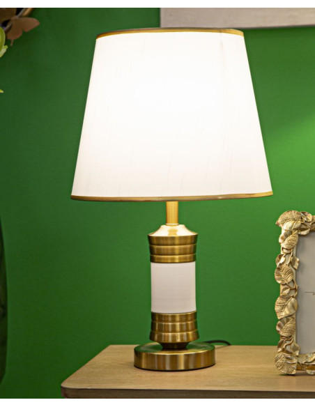Grande Lampe à poser moderne chic Hauteur 52 cm Métal Tissu Doré Blanc Whity 