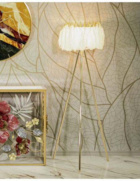 Grand Lampadaire trépied moderne Plumes Hauteur 147 cm Métal Doré Polyuréthane Blanc Feather - 6