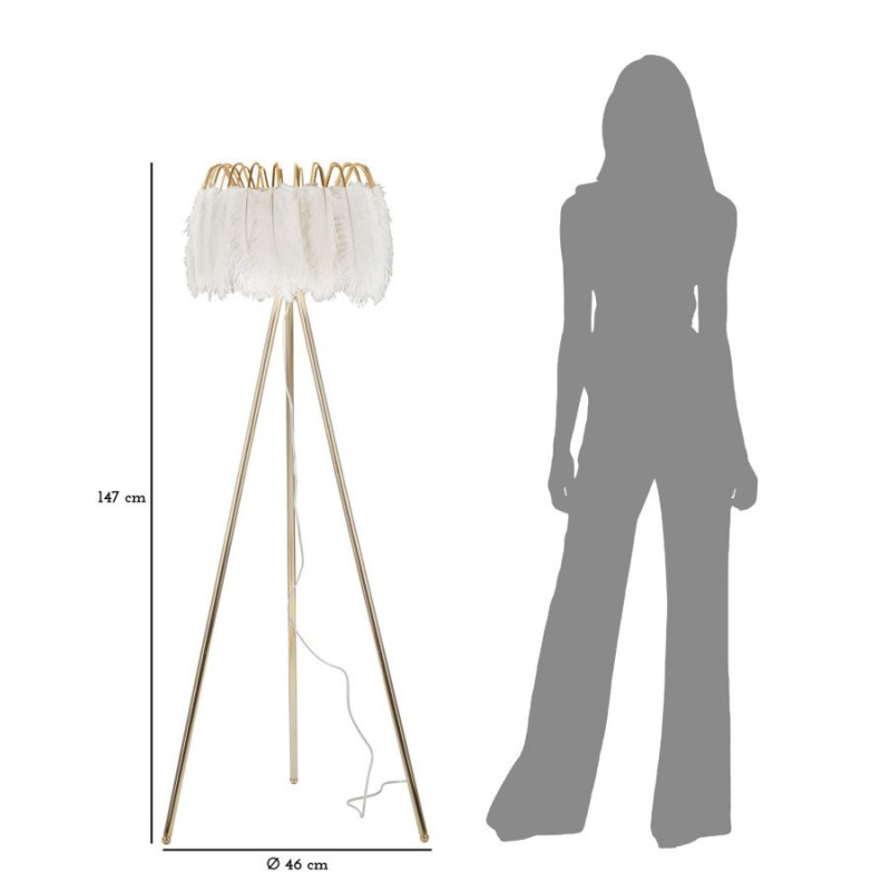 Grand Lampadaire trépied moderne Plumes Hauteur 147 cm Métal Doré Polyuréthane Blanc Feather - 7