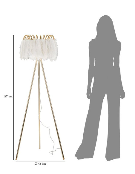 Grand Lampadaire trépied moderne Plumes Hauteur 147 cm Métal Doré Polyuréthane Blanc Feather - 7