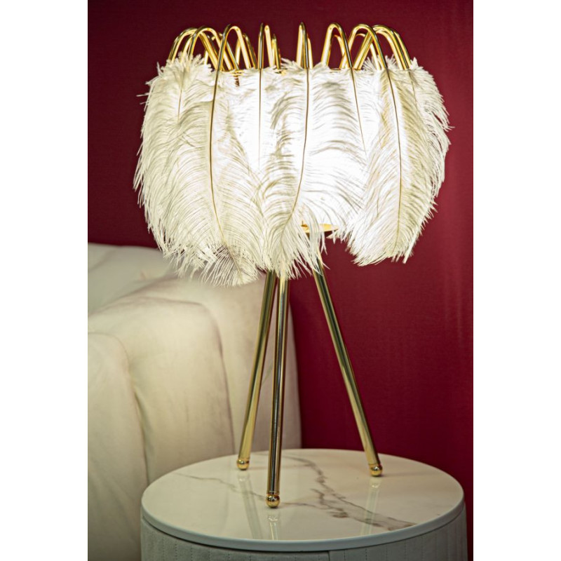 Grande Lampe à poser moderne Plumes Hauteur 60 cm Métal Doré Polyuréthane Blanc Feather 