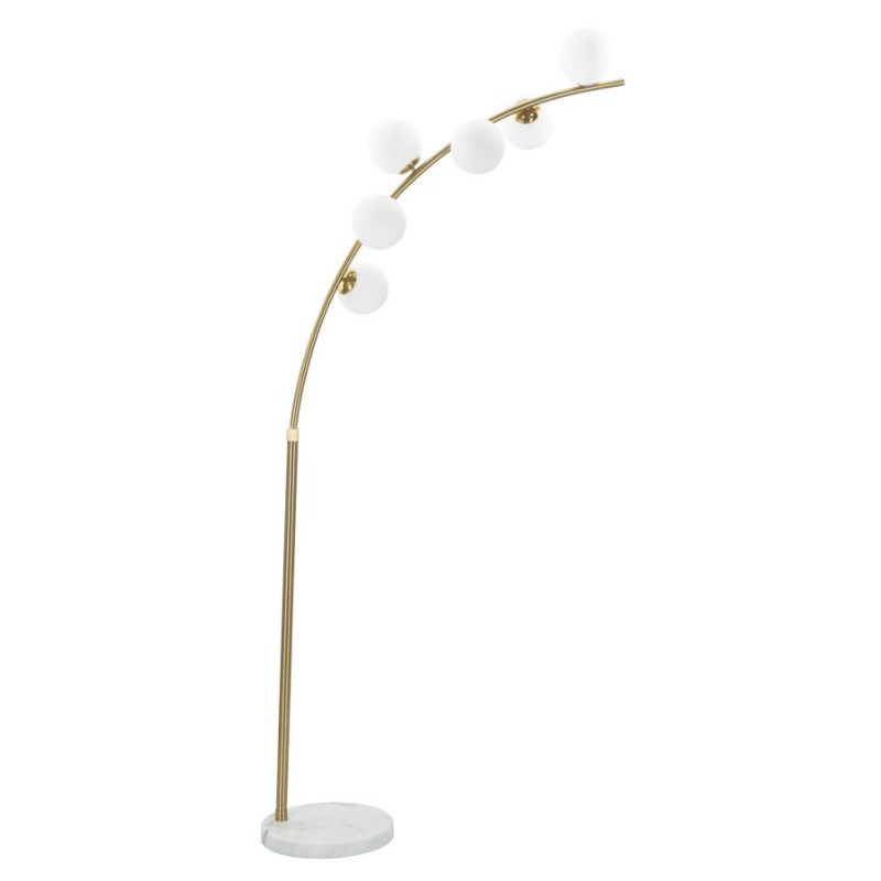 Grand Lampadaire moderne chic Arc 6 Boules Hauteur 220 cm Métal Doré Verre Blanc Glamy 