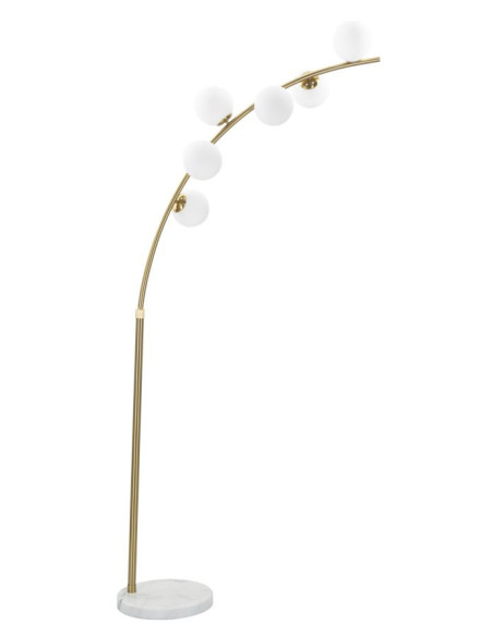 Grand Lampadaire moderne chic Arc 6 Boules Hauteur 220 cm Métal Doré Verre Blanc Glamy 