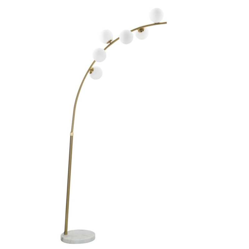 Grand Lampadaire moderne chic Arc 6 Boules Hauteur 220 cm Métal Doré Verre Blanc Glamy 