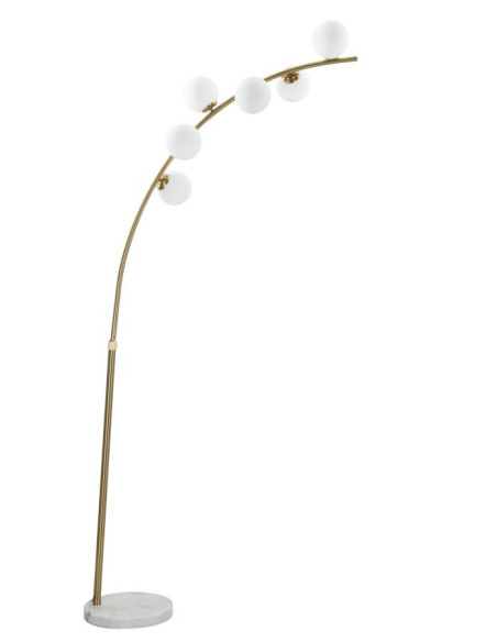 Grand Lampadaire moderne chic Arc 6 Boules Hauteur 220 cm Métal Doré Verre Blanc Glamy 