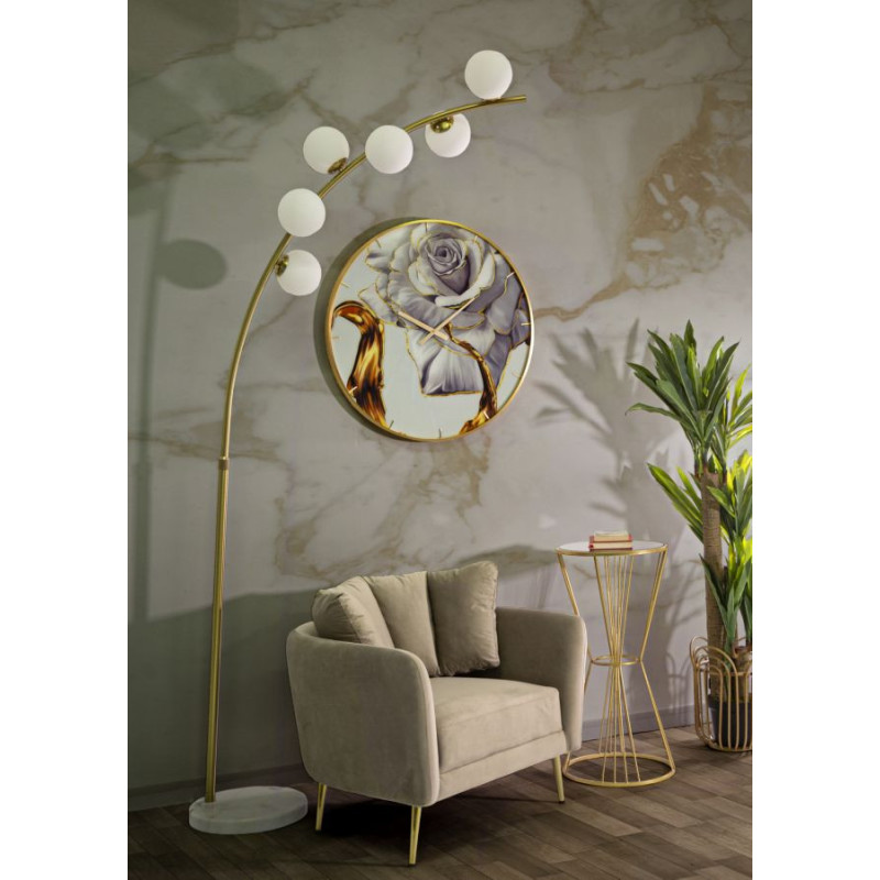 Grand Lampadaire moderne chic Arc 6 Boules Hauteur 220 cm Métal Doré Verre Blanc Glamy 