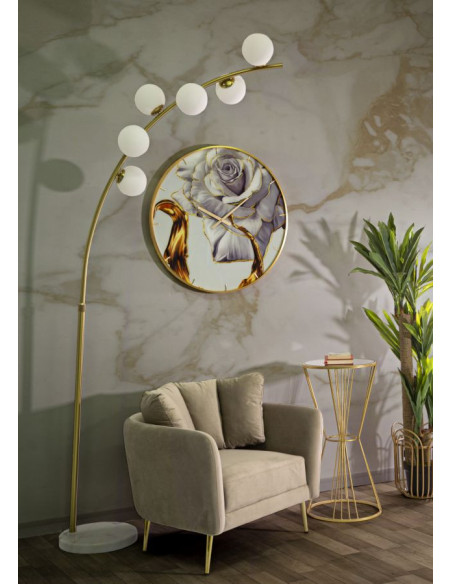 Grand Lampadaire moderne chic Arc 6 Boules Hauteur 220 cm Métal Doré Verre Blanc Glamy 