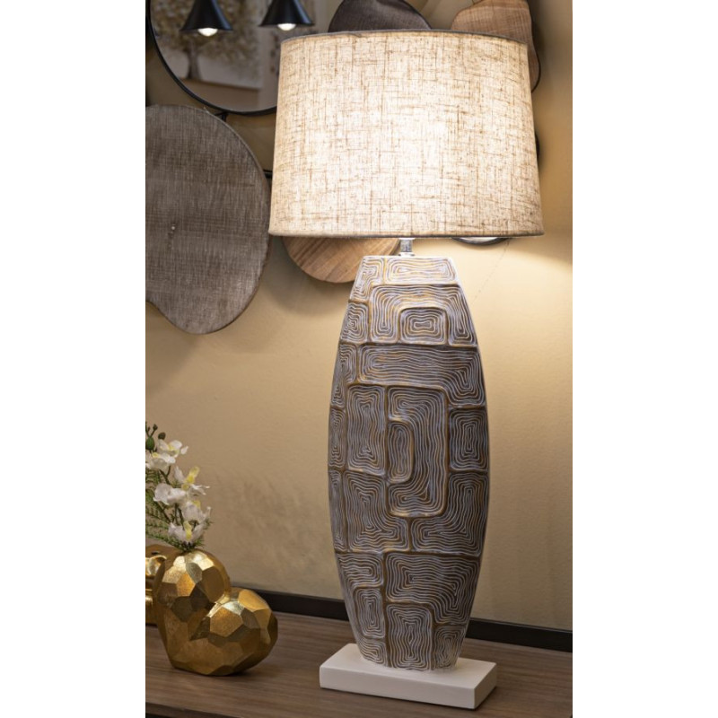 Grande Lampe à poser moderne chic Hauteur 90 cm Résine Doré Blanc Tissu Beige Eclips 