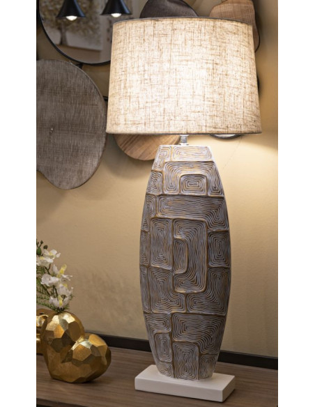 Grande Lampe à poser moderne chic Hauteur 90 cm Résine Doré Blanc Tissu Beige Eclips 