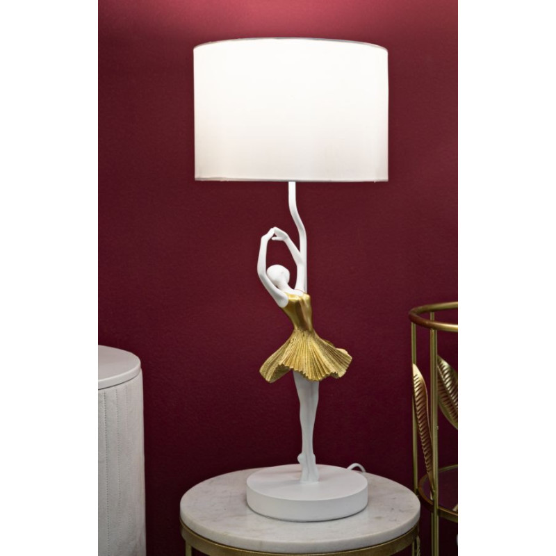 Grande Lampe à poser moderne Danseuse Hauteur 64 cm Résine Tissu Blanc Doré Ballerina 