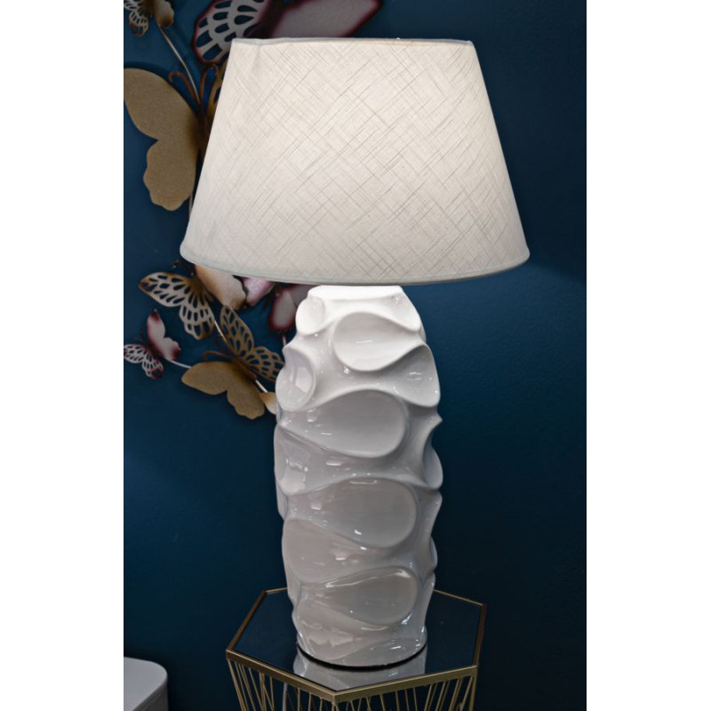 Grand Lampe à poser organique chic Hauteur 83 cm Céramique Tissu Blanc Métal Argenté Warsaw 