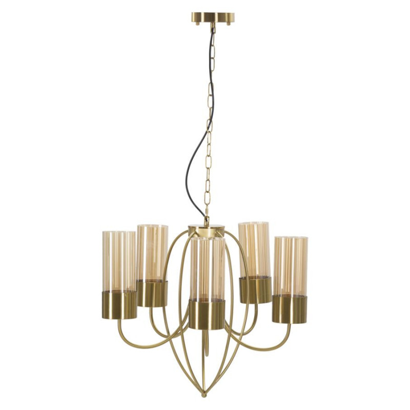 Grande Suspension moderne chic 5 lampes 60 cm Verre Ambré Métal Doré Versailles 