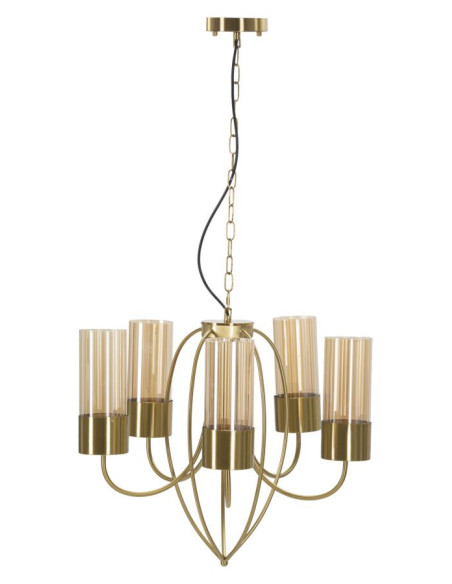 Grande Suspension moderne chic 5 lampes 60 cm Verre Ambré Métal Doré Versailles 