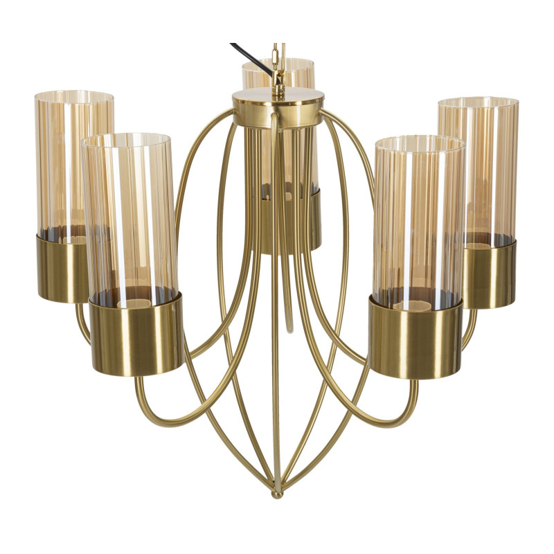 Grande Suspension moderne chic 5 lampes 60 cm Verre Ambré Métal Doré Versailles 