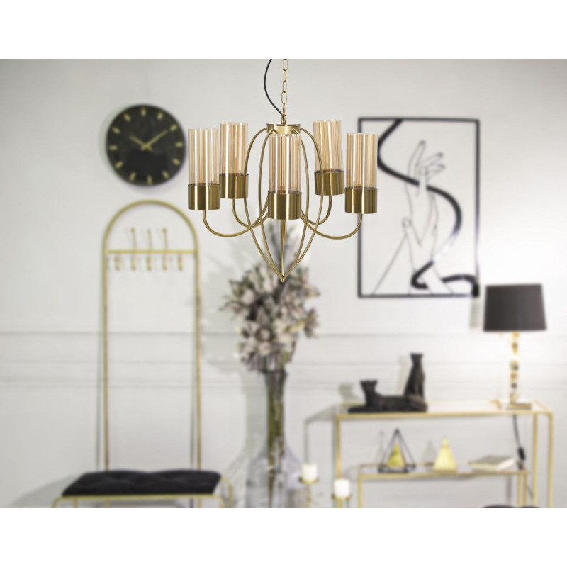 Grande Suspension moderne chic 5 lampes 60 cm Verre Ambré Métal Doré Versailles 
