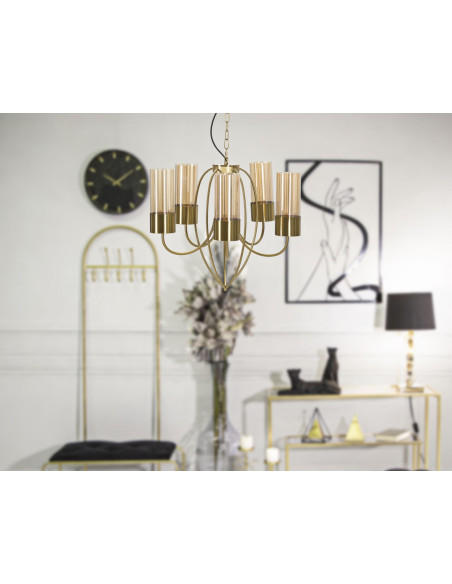 Grande Suspension moderne chic 5 lampes 60 cm Verre Ambré Métal Doré Versailles 