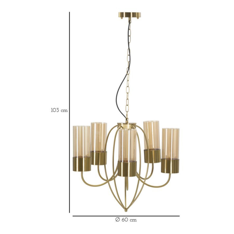 Grande Suspension moderne chic 5 lampes 60 cm Verre Ambré Métal Doré Versailles 