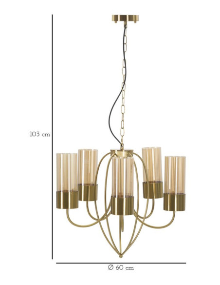 Grande Suspension moderne chic 5 lampes 60 cm Verre Ambré Métal Doré Versailles 