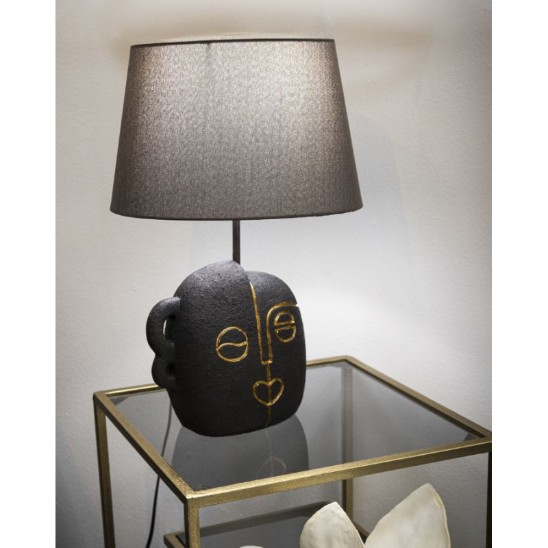 Lampe à poser originale ethnique chic Visage Hauteur 46 cm Résine Tissu Marron Tribal 
