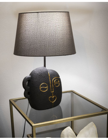 Lampe à poser originale ethnique chic Visage Hauteur 46 cm Résine Tissu Marron Tribal 