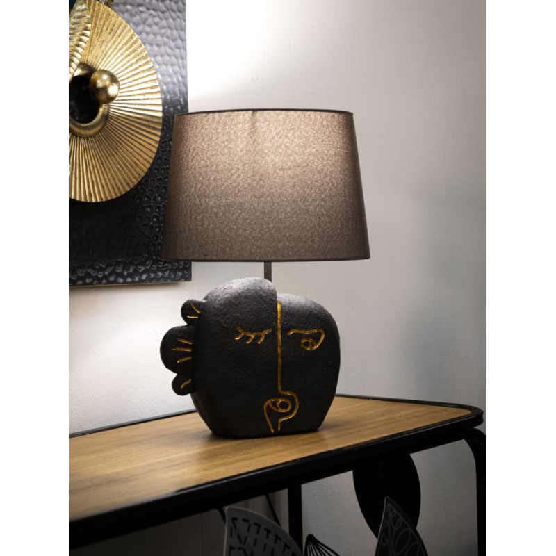 Lampe à poser originale ethnique chic Visage Hauteur 39 cm Résine Tissu Marron Tribal 