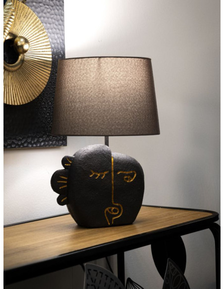 Lampe à poser originale ethnique chic Visage Hauteur 39 cm Résine Tissu Marron Tribal 
