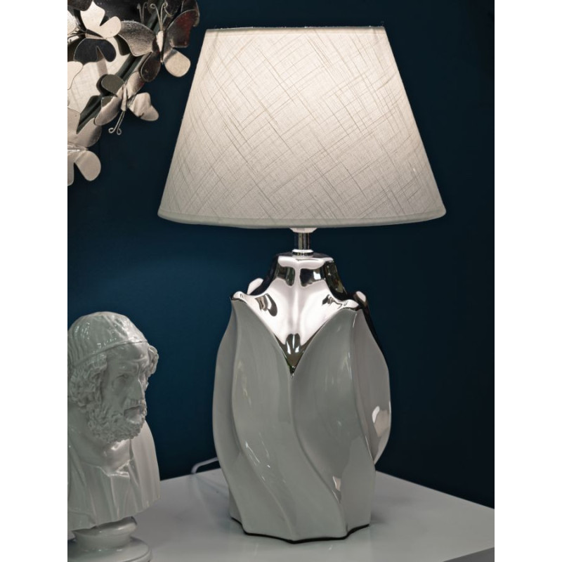 Grande Lampe à poser moderne Hauteur 51 cm Céramique Tissu Blanc Argenté Shiney 