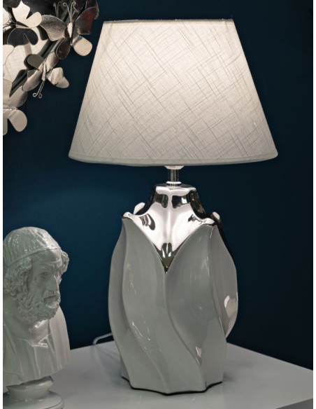 Grande Lampe à poser moderne Hauteur 51 cm Céramique Tissu Blanc Argenté Shiney 