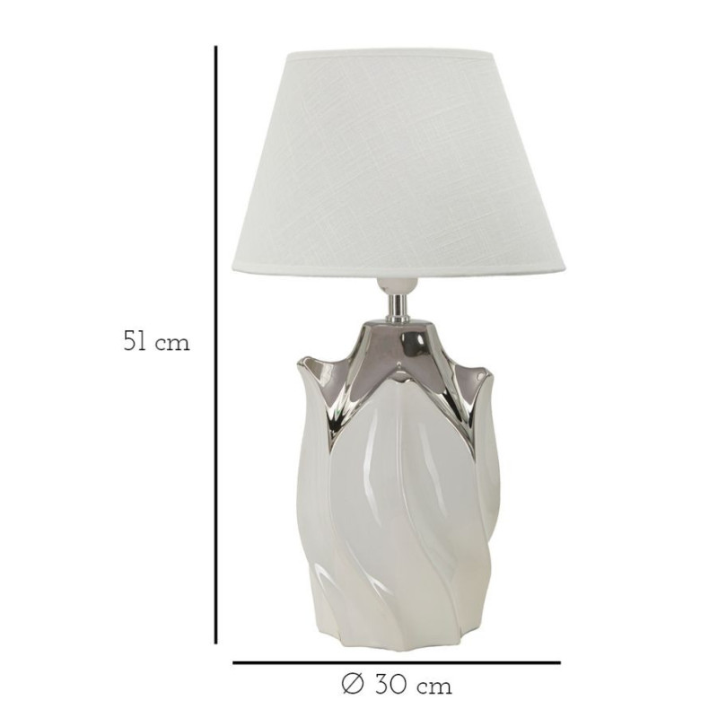 Grande Lampe à poser moderne Hauteur 51 cm Céramique Tissu Blanc Argenté Shiney 