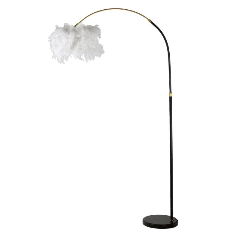 Grand Lampadaire sur pied Arc Plumes Hauteur 150 cm Métal Noir Doré Polypropylène Blanc Arc 