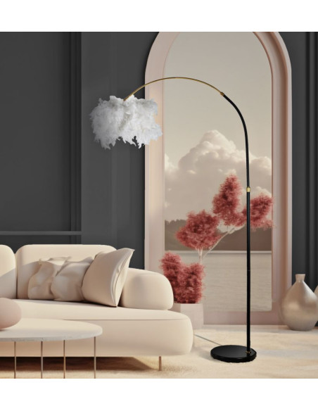 Grand Lampadaire sur pied Arc Plumes Hauteur 150 cm Métal Noir Doré Polypropylène Blanc Arc 
