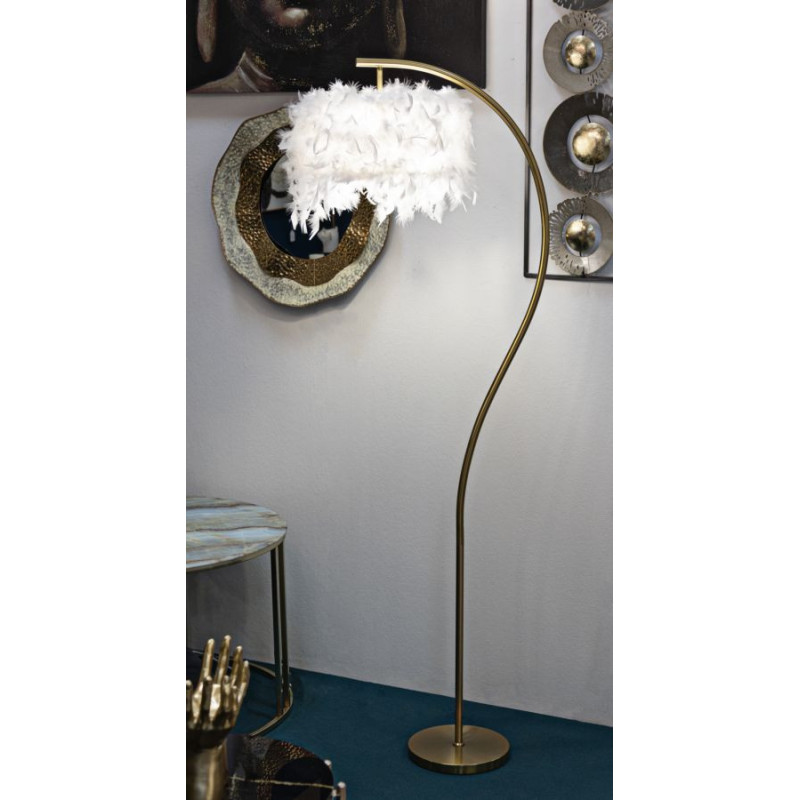Grand Lampadaire sur pied glamour chic Plumes Hauteur 170 cm Métal Doré Polypropylène Blanc Arc 