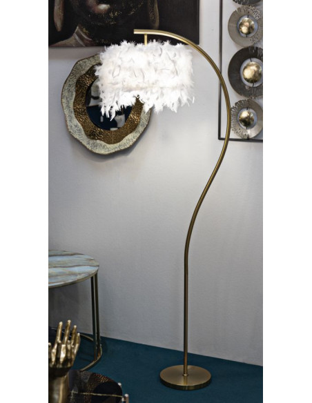 Grand Lampadaire sur pied glamour chic Plumes Hauteur 170 cm Métal Doré Polypropylène Blanc Arc 
