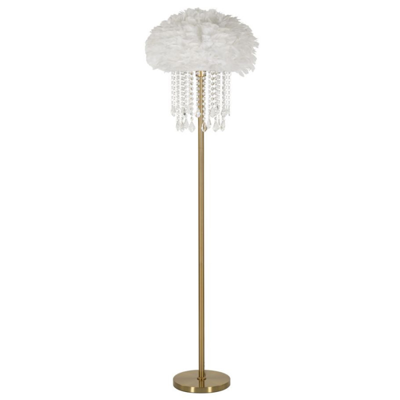 Grand Lampadaire sur pied glamour chic Plumes Hauteur 165 cm Métal Doré Polypropylène Blanc Verre Transparent Diamon 