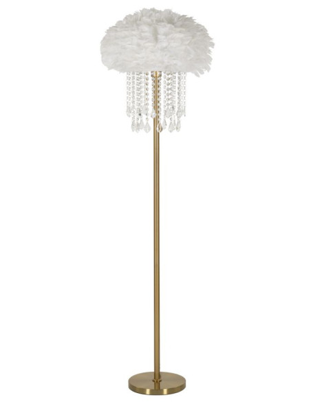 Grand Lampadaire sur pied glamour chic Plumes Hauteur 165 cm Métal Doré Polypropylène Blanc Verre Transparent Diamon 