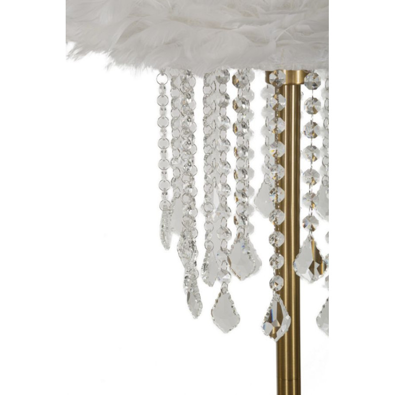Grand Lampadaire sur pied glamour chic Plumes Hauteur 165 cm Métal Doré Polypropylène Blanc Verre Transparent Diamon 