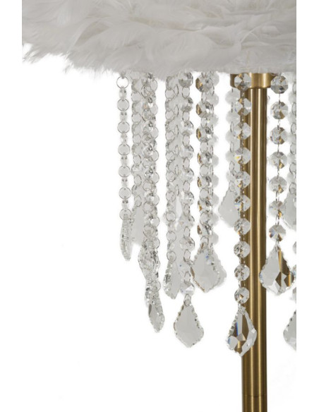 Grand Lampadaire sur pied glamour chic Plumes Hauteur 165 cm Métal Doré Polypropylène Blanc Verre Transparent Diamon 