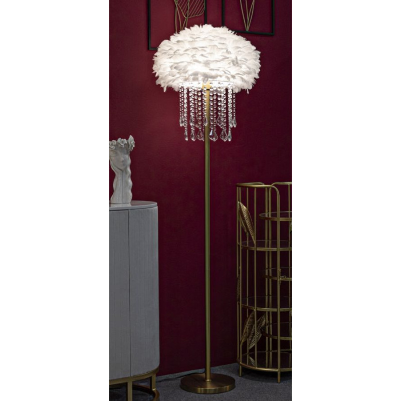 Grand Lampadaire sur pied glamour chic Plumes Hauteur 165 cm Métal Doré Polypropylène Blanc Verre Transparent Diamon 