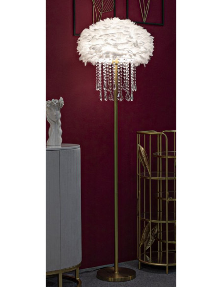 Grand Lampadaire sur pied glamour chic Plumes Hauteur 165 cm Métal Doré Polypropylène Blanc Verre Transparent Diamon 