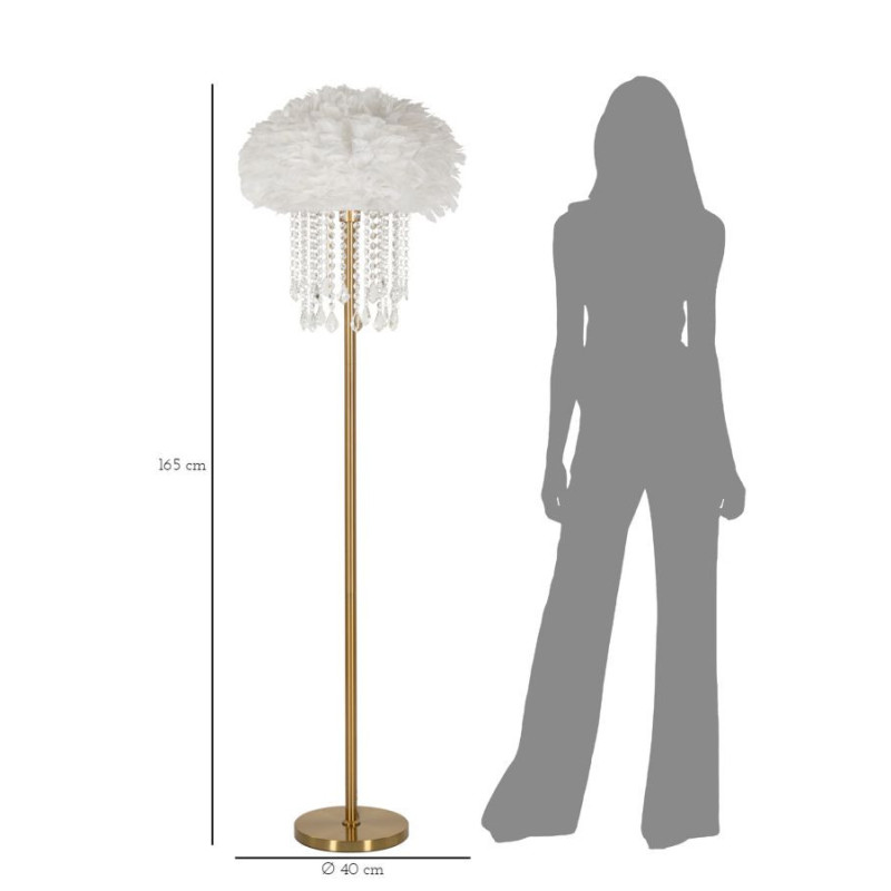Grand Lampadaire sur pied glamour chic Plumes Hauteur 165 cm Métal Doré Polypropylène Blanc Verre Transparent Diamon 