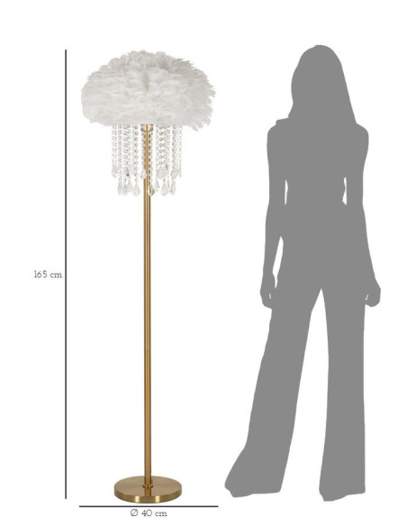 Grand Lampadaire sur pied glamour chic Plumes Hauteur 165 cm Métal Doré Polypropylène Blanc Verre Transparent Diamon 
