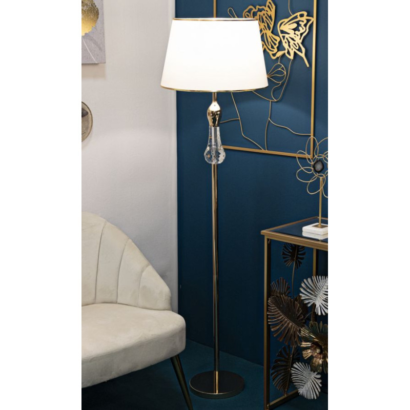 Grand Lampadaire sur pied moderne chic Hauteur 165 cm Métal Doré Tissu Blanc Verre Transparent Bratislava 