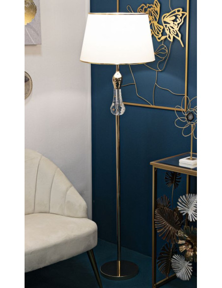 Grand Lampadaire sur pied moderne chic Hauteur 165 cm Métal Doré Tissu Blanc Verre Transparent Bratislava 