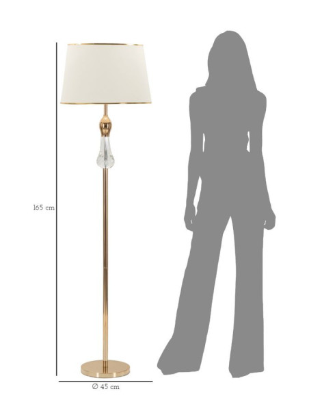 Grand Lampadaire sur pied moderne chic Hauteur 165 cm Métal Doré Tissu Blanc Verre Transparent Bratislava 