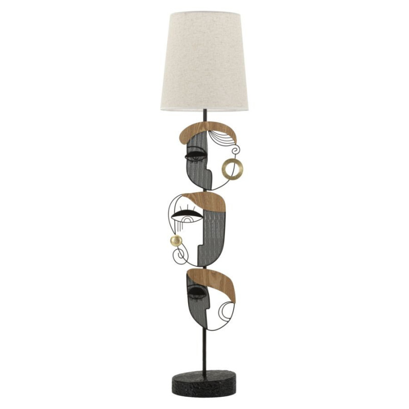 Grand Lampadaire sur pied arty Visages Hauteur 162 cm Métal Noir Bois MDF Naturel Tissu Beige Picassy 